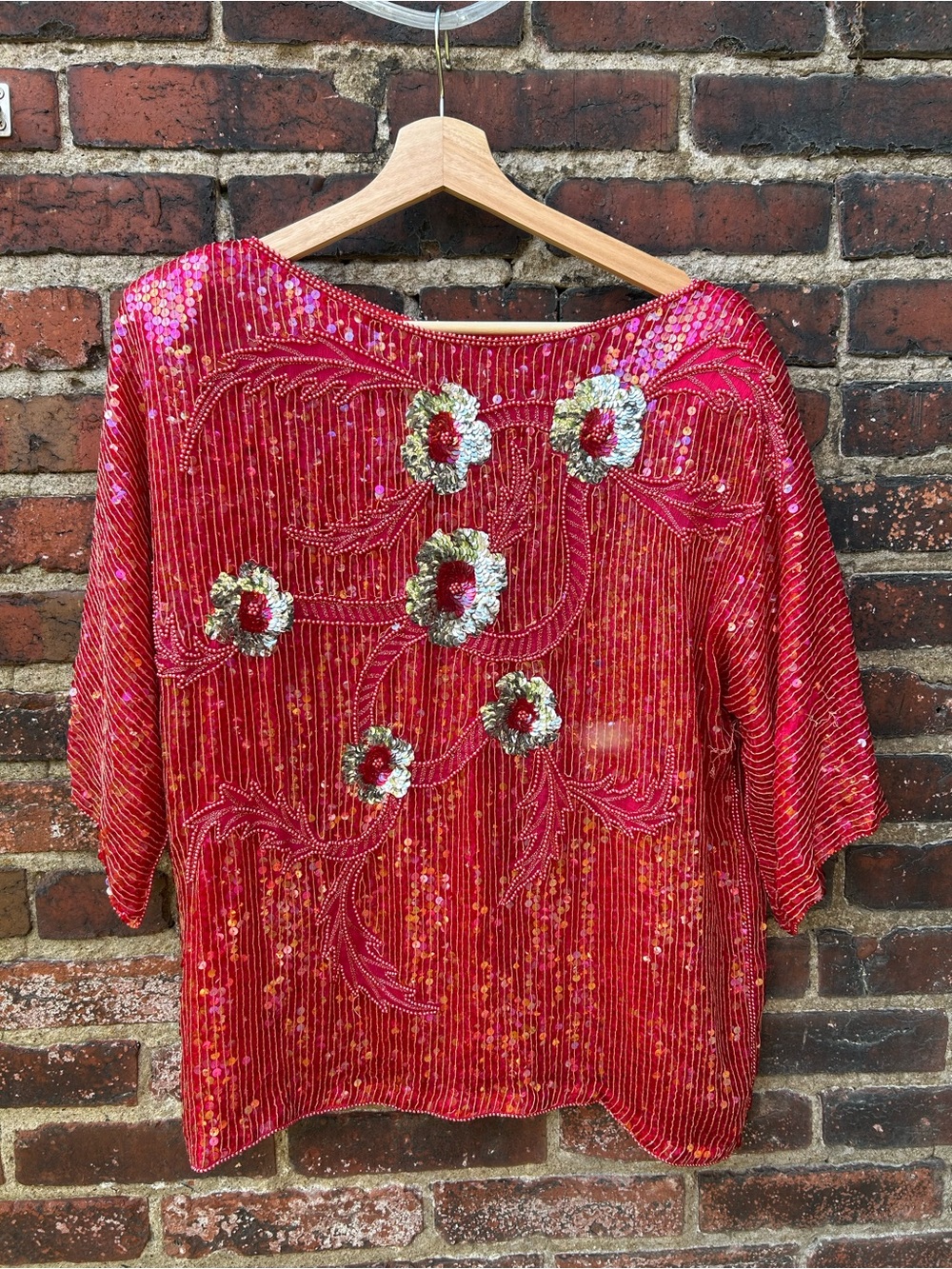 Vintage 1980s Silk and Sequin Hot Pink Floral Top - M